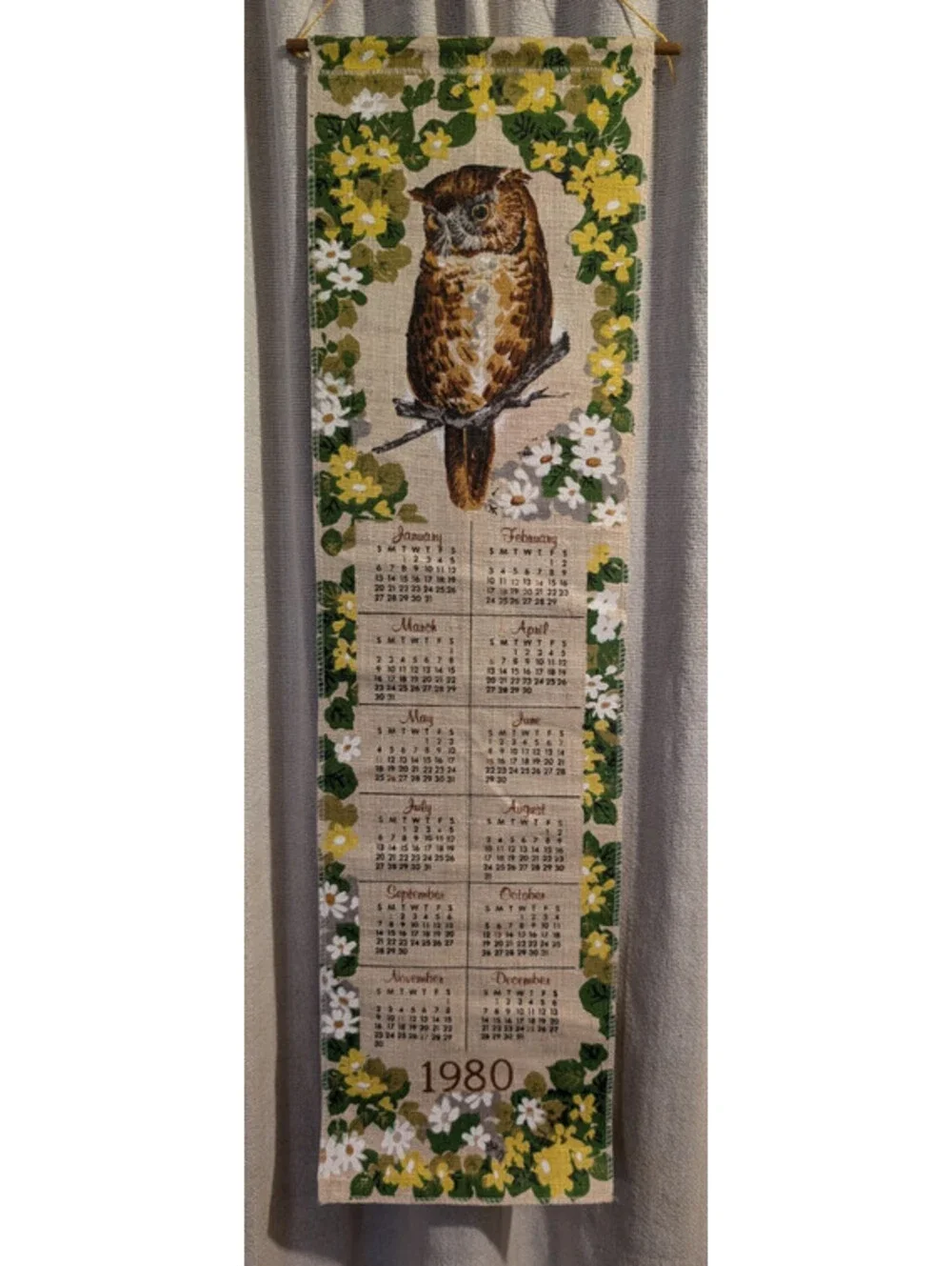 Vintage 1980 Owl Motif Linen Wall Calendar Hanging Textile
